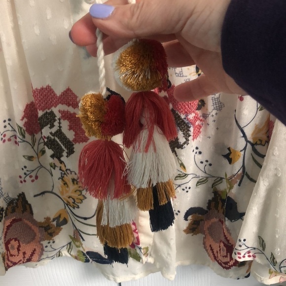 Zara Floral Embroidered Tie Front Sheer Blouse With Pom Pom Tassels Size Small - Picture 4 of 12